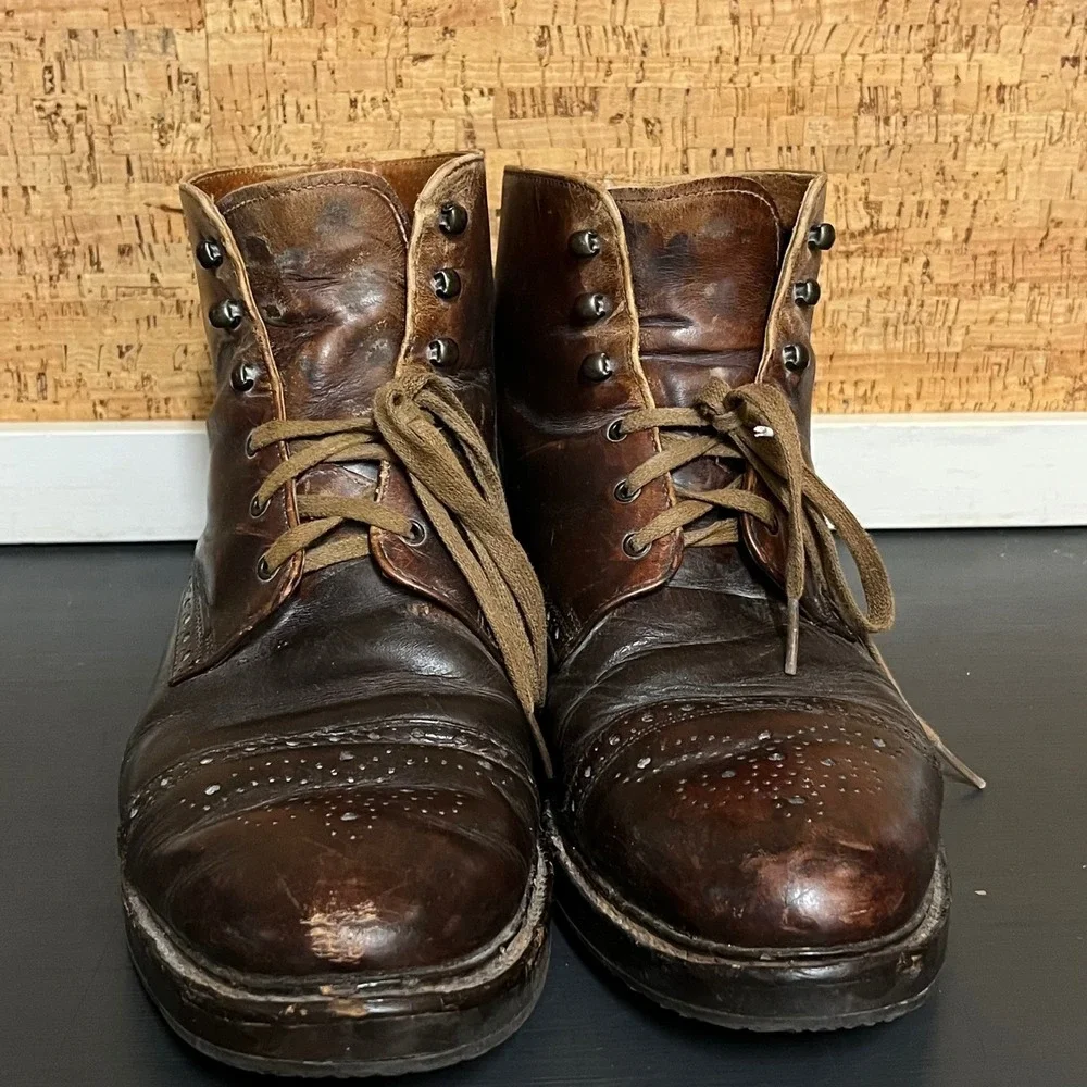 Vintage 90s Made Italy Mens 11 Leather Brogue Cap Toe Work Boots Brown